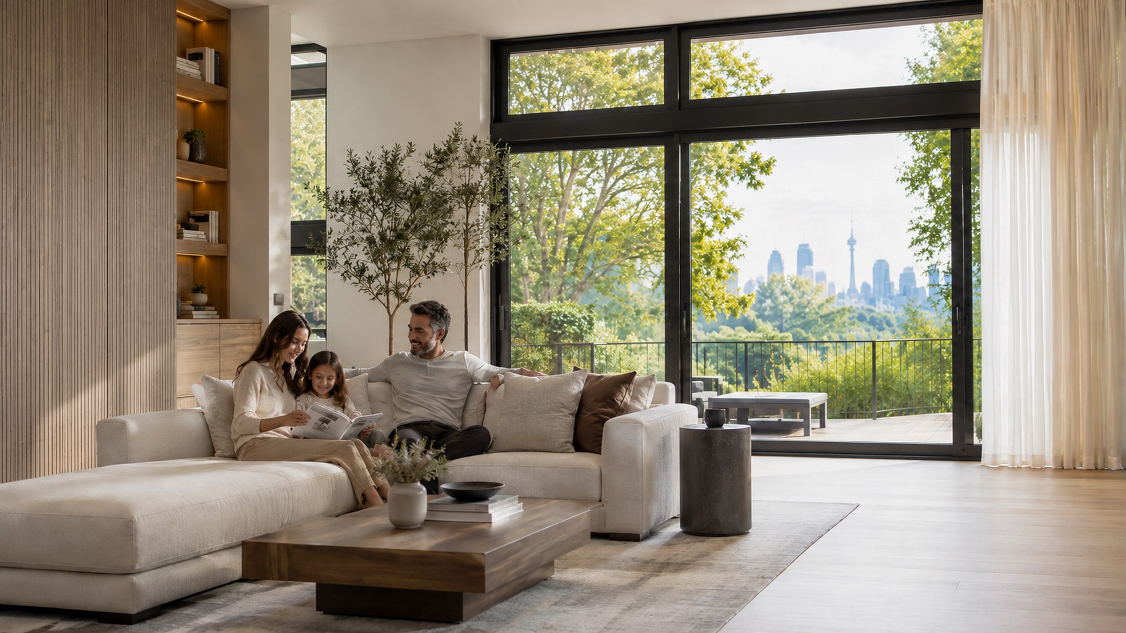 A family relaxing in the open living space of a modern high-performance home overlooking the city