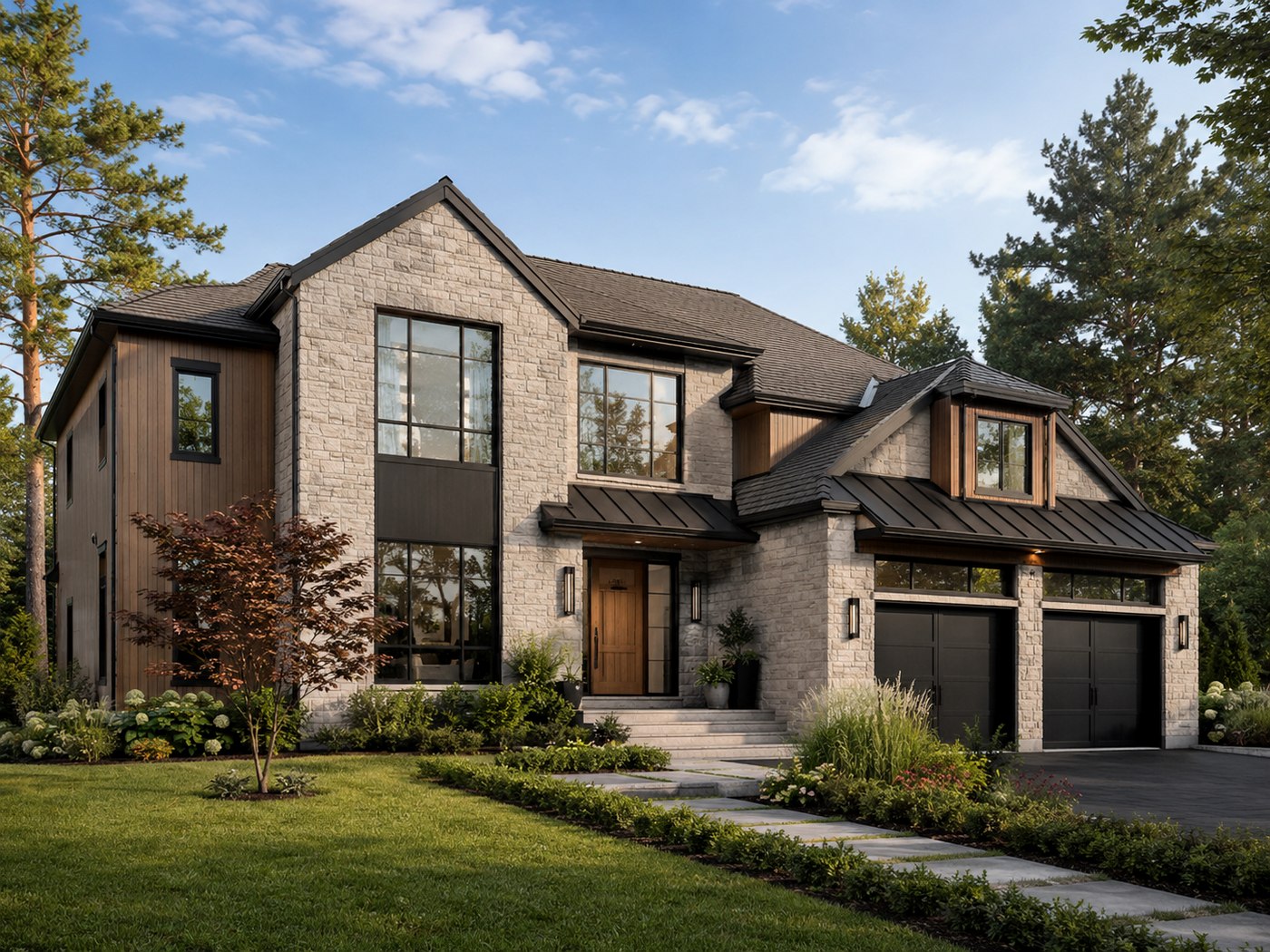 Modern custom home facade — stone, wood and metal cladding transitions by Berm Inc.