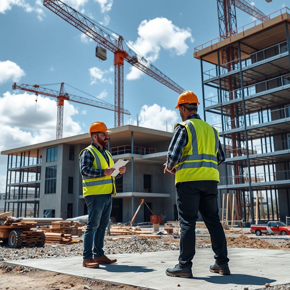 Crew members in hard hats coordinating on an active Berm Inc. construction site